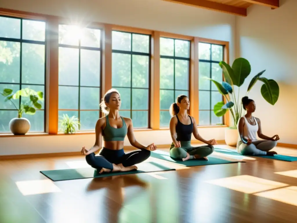 Grupo en meditación respiratoria en un estudio luminoso y sereno