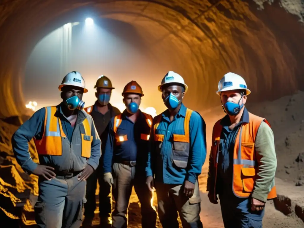 Un grupo de mineros con modernas máscaras respiratorias en un túnel subterráneo iluminado por linternas en la cabeza