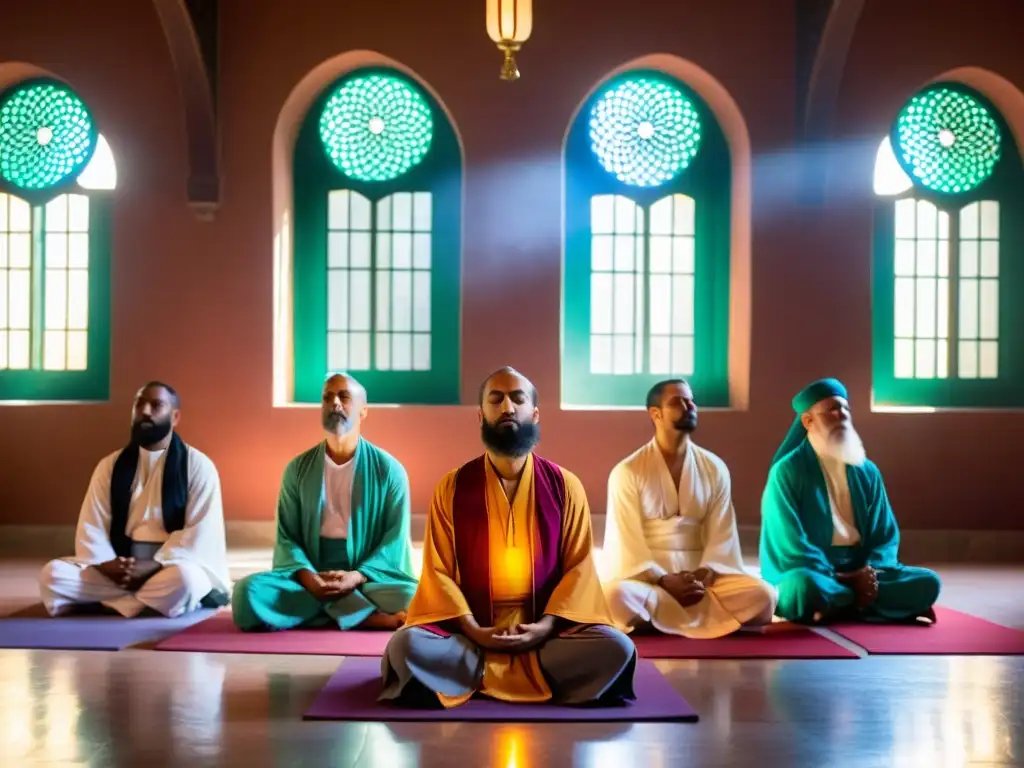 Grupo de místicos sufíes en profunda meditación, practicando la respiración circular en un ambiente sereno y divino en una mezquita