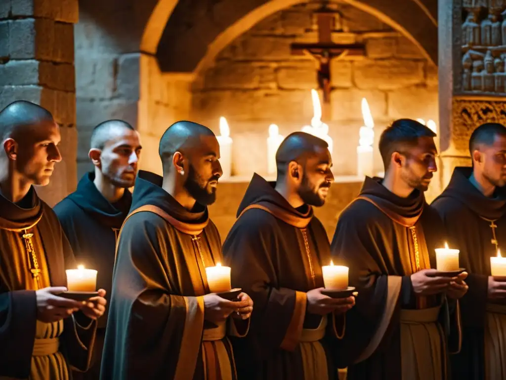 Un grupo de monjes en un monasterio medieval, cantando himnos gregorianos en la penumbra, creando una atmósfera serena y mística