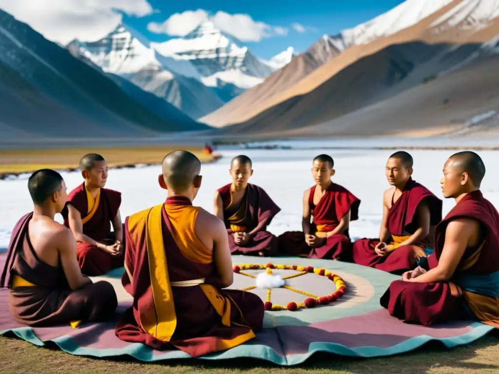 Grupo de monjes tibetanos practicando control respiratorio calor en la nieve, rodeados de montañas