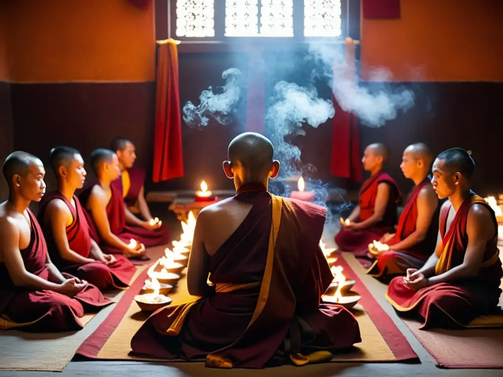 Un grupo de monjes tibetanos practica control respiratorio y calor en un templo iluminado por velas, rodeados de ornamentos y concentración