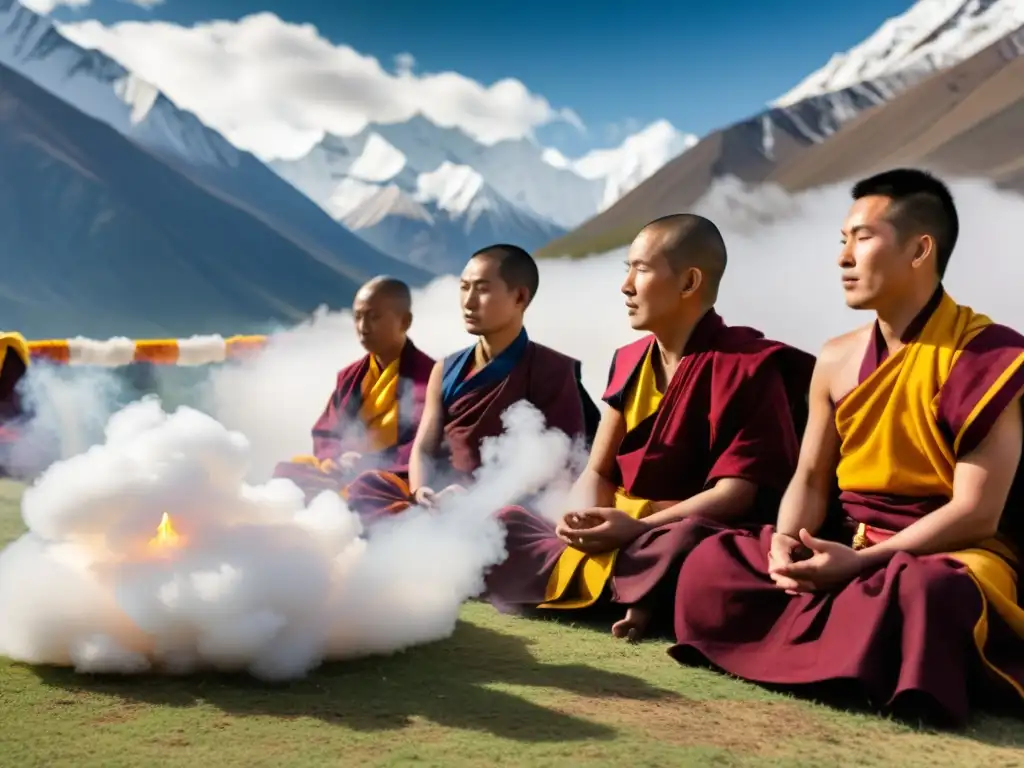 Grupo de monjes tibetanos practicando control respiratorio Tummo en las montañas nevadas, creando una atmósfera serena y espiritual