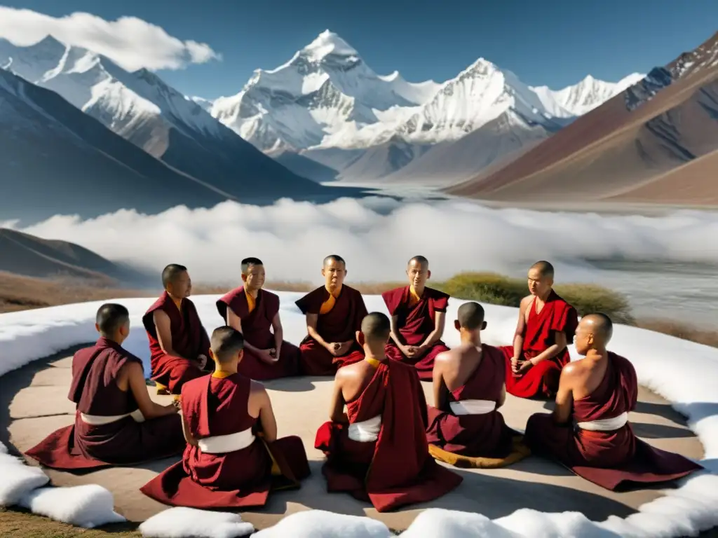 Grupo de monjes tibetanos en práctica de respiración Tummo, rodeados de montañas nevadas, vistiendo ropas rojas tradicionales