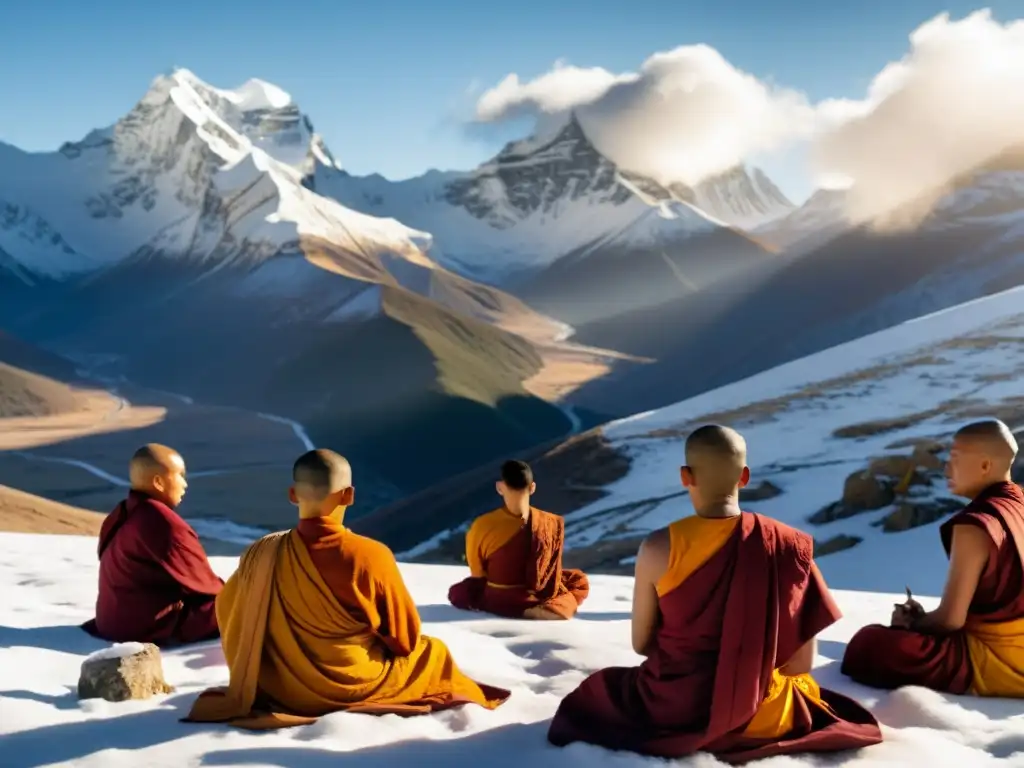 Grupo de monjes tibetanos practicando respiración Tummo en la cima nevada al amanecer, generando calor interno mientras meditan en la nevada montaña