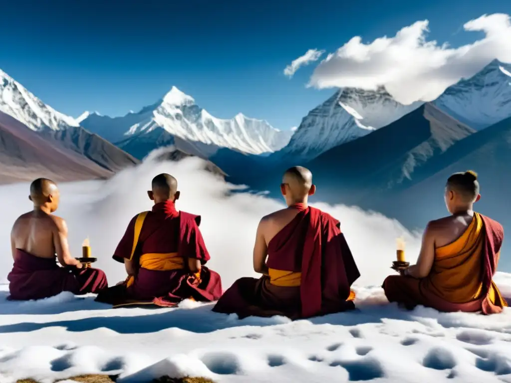 Grupo de monjes tibetanos practicando la respiración Tummo en la cima de montañas nevadas, rodeados de paz y serenidad