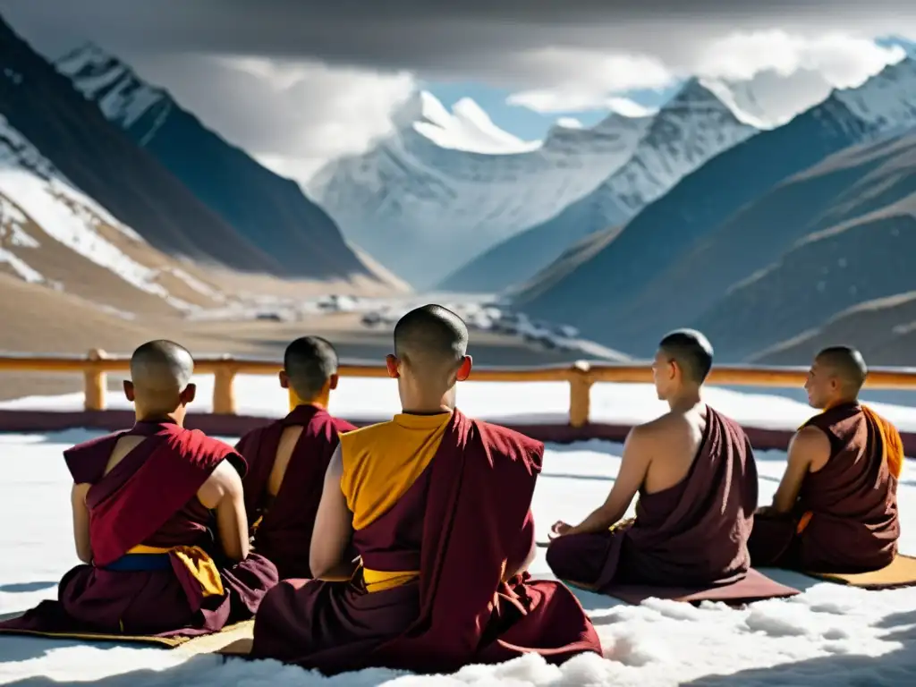 Un grupo de monjes tibetanos practican Tummo en las montañas nevadas, concentrados en el control de la respiración