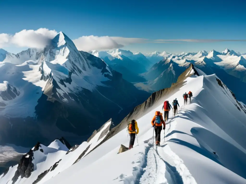 Grupo de montañistas escalando en alturas, rodeados de picos nevados y un paisaje impresionante