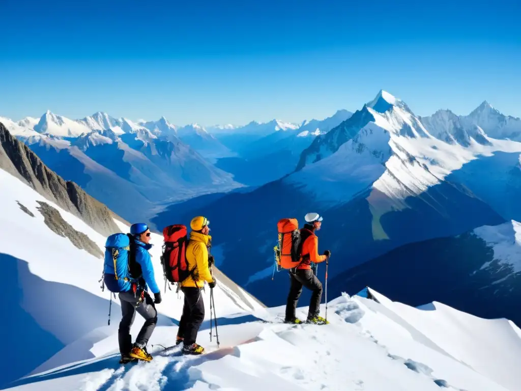 Alpinistas triunfantes en la cumbre nevada Grupo de montañistas respirando profundamente en la cima nevada, transmitiendo la determinación del entrenamiento de la respiración en altitud