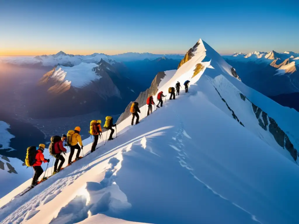 Grupo de montañistas ascendiendo una cumbre nevada al amanecer, con equipo moderno