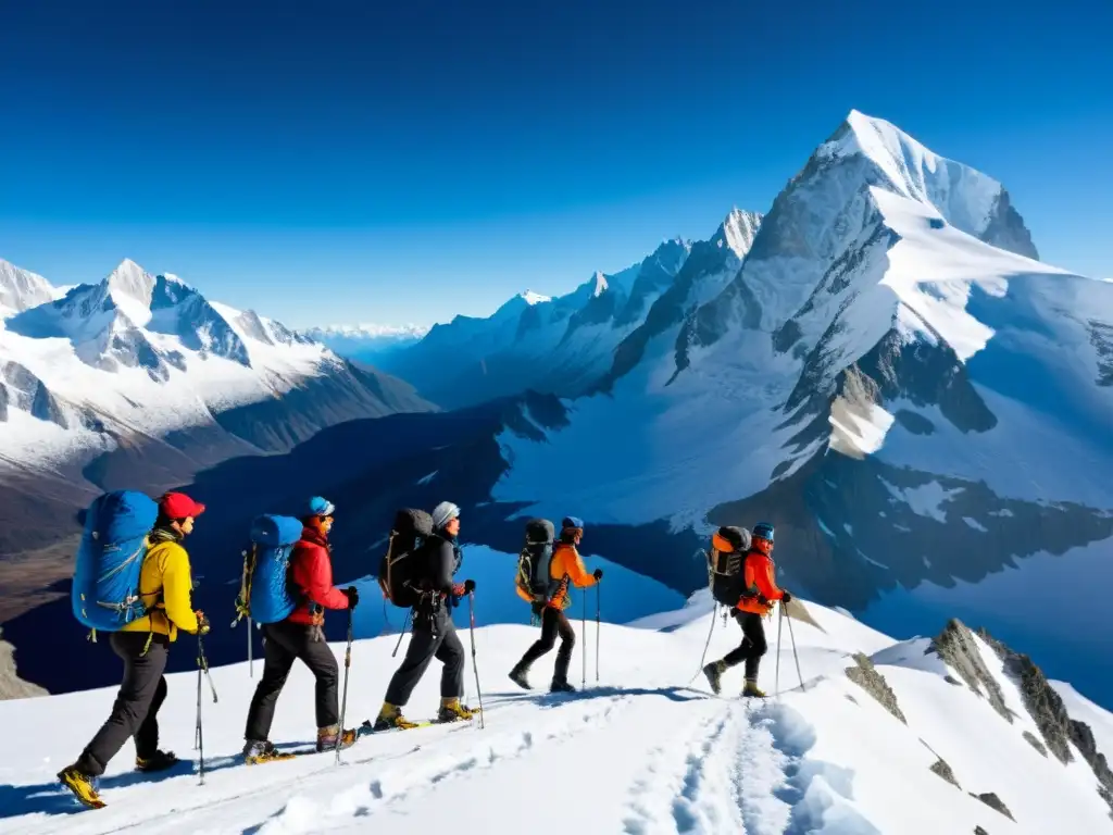 Grupo de montañistas en equipo de alta altitud, escalando un paso nevado con cielos azules y picos escarpados