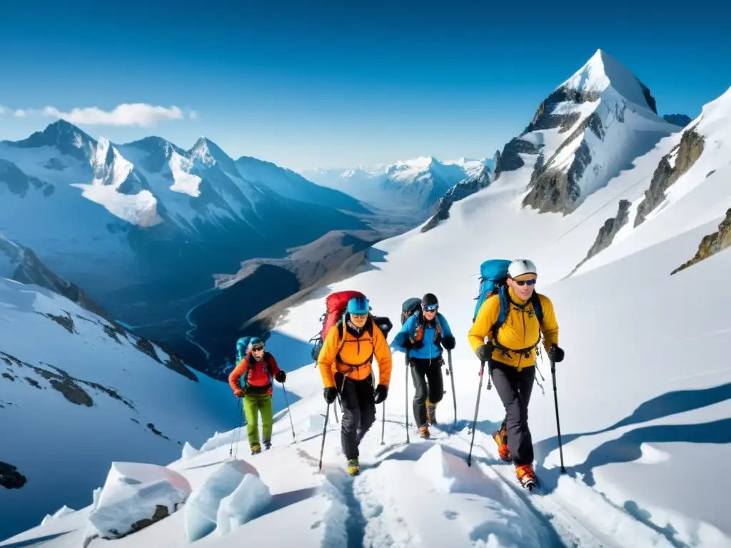 Grupo de montañistas escalando una montaña nevada, mostrando adaptaciones respiratorias en altitudes elevadas y la belleza del paisaje montañoso