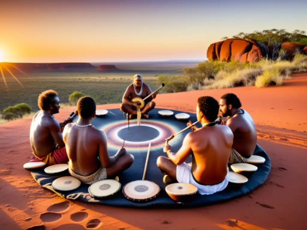 Grupo de músicos aborígenes australianos interpretando una canción tradicional, fusionando técnica ancestral de respiración en su música