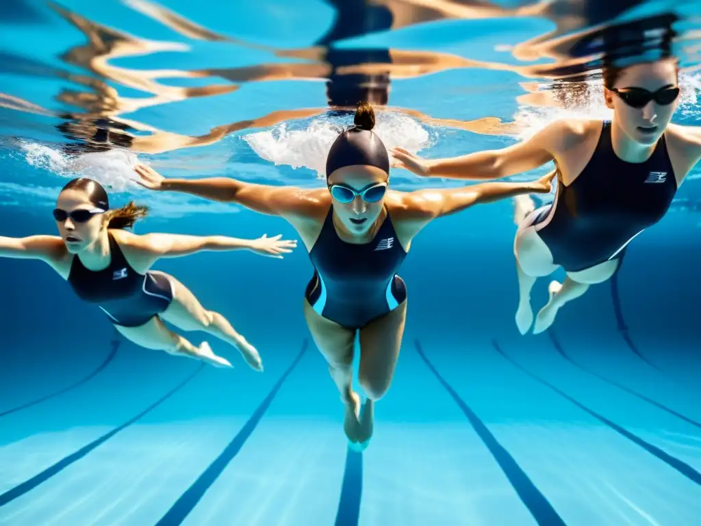 Un grupo de nadadores profesionales practicando técnicas de entrenamiento respiratorio en una piscina cristalina, mostrando habilidad y gracia bajo el agua