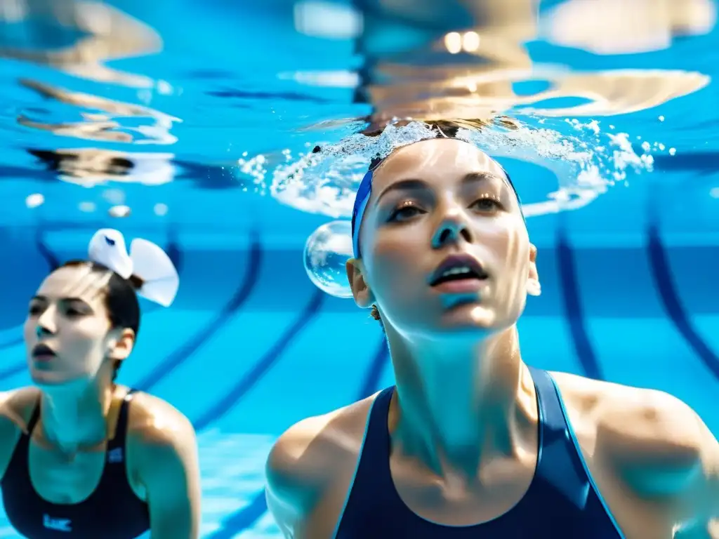 Profesionales nadando con determinación en piscina cristalina Grupo de nadadores profesionales ejecutando técnicas de respiración en una piscina cristalina, irradiando determinación y poder controlado