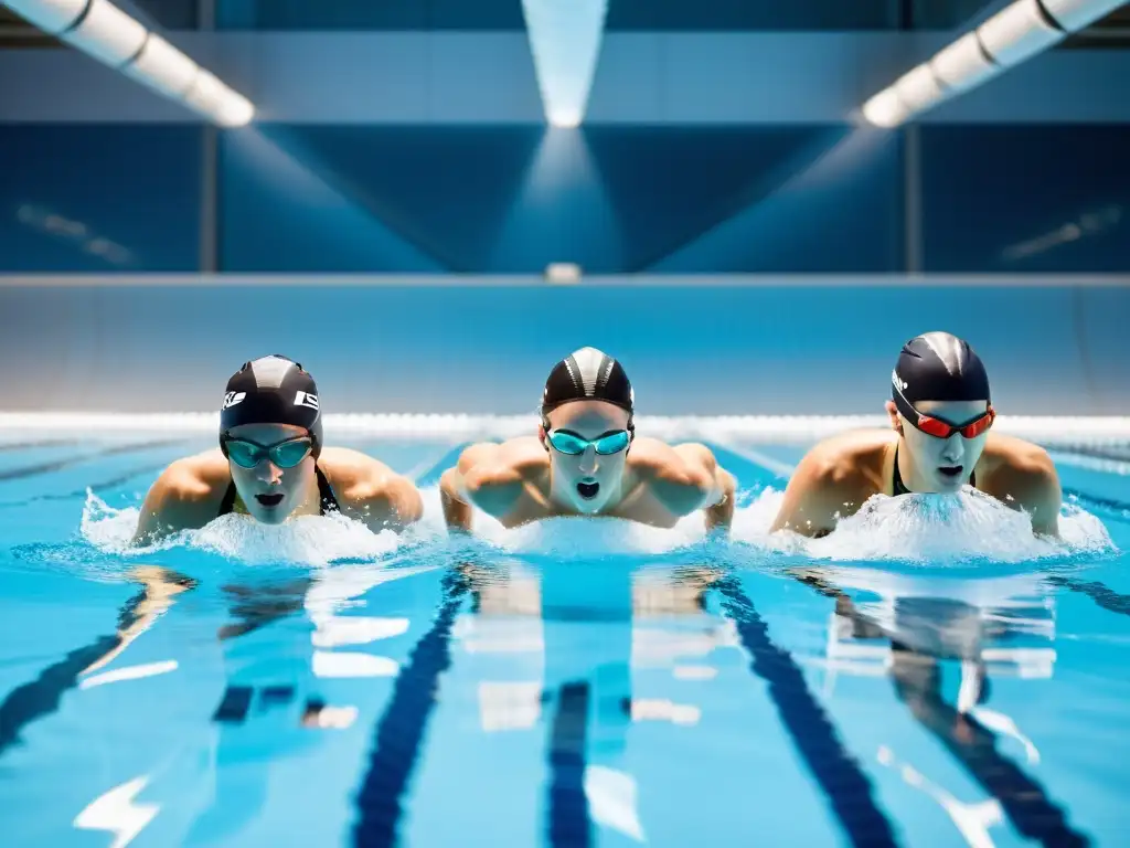 Profesionales nadando en piscina de alta tecnología Un grupo de nadadores profesionales ejecutando técnicas de respiración en una moderna piscina cubierta, con equipamiento de alta tecnología
