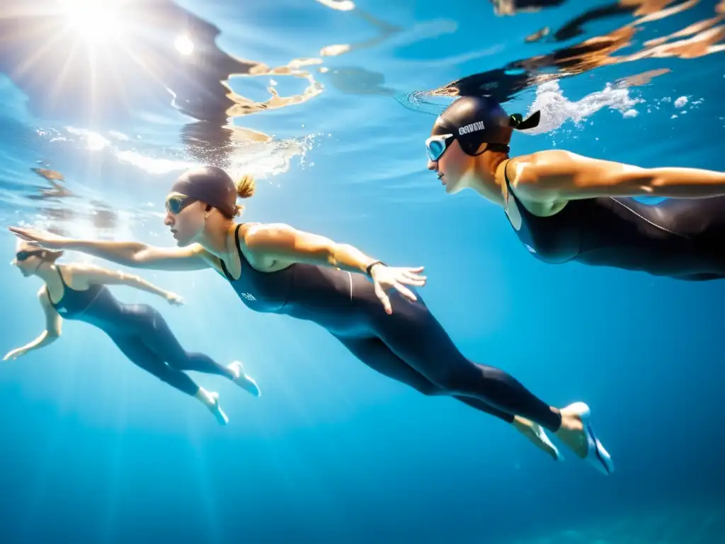 Grupo de nadadores profesionales practicando técnicas de entrenamiento respiratorio para nadadores, inmersos en el agua cristalina mientras el sol filtra a través del agua, resaltando la gracia y poder de sus movimientos