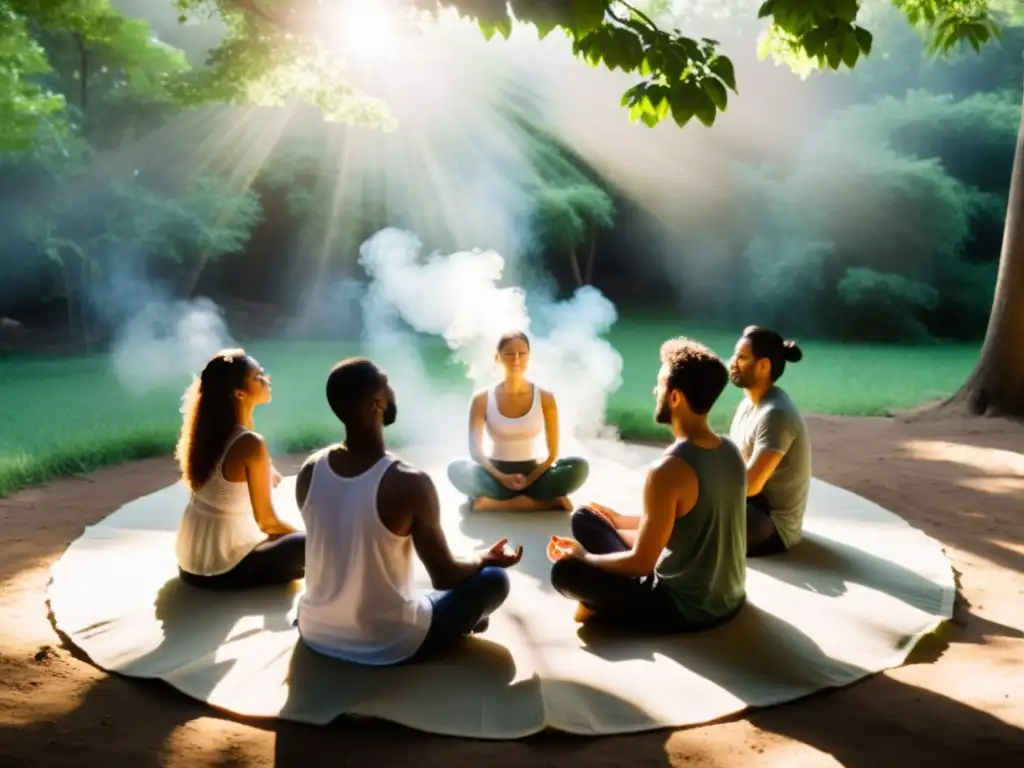 Un grupo en meditación Sufi en la naturaleza, emanando paz y conexión divina a través de la respiración