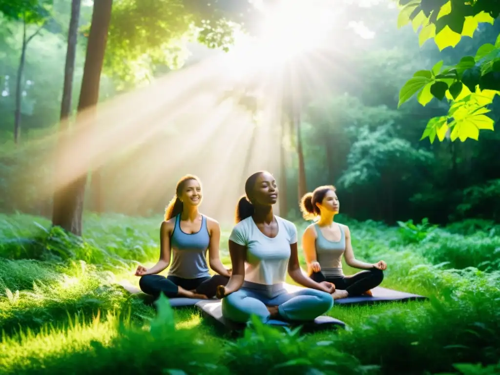 Grupo en meditación entre la naturaleza, practicando terapias de respiración en entornos naturales