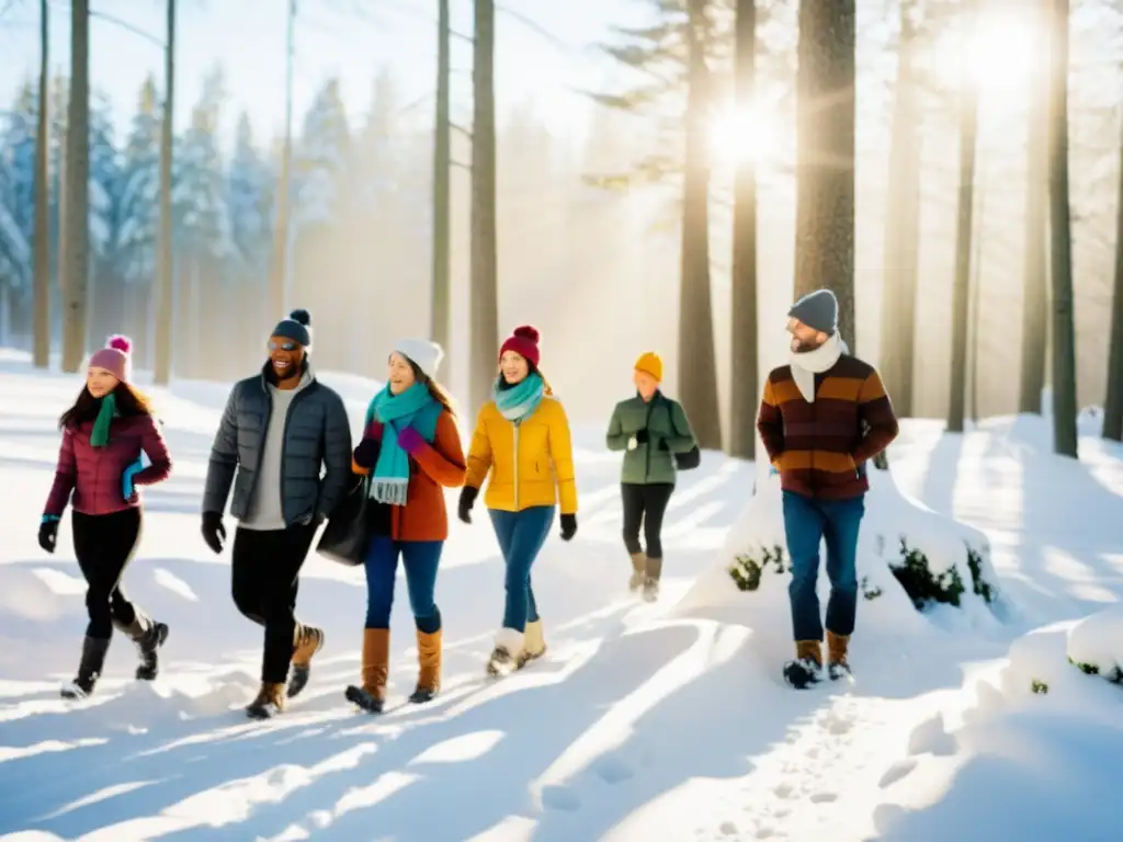 Grupo pasea por bosque nevado, vistiendo ropa abrigada