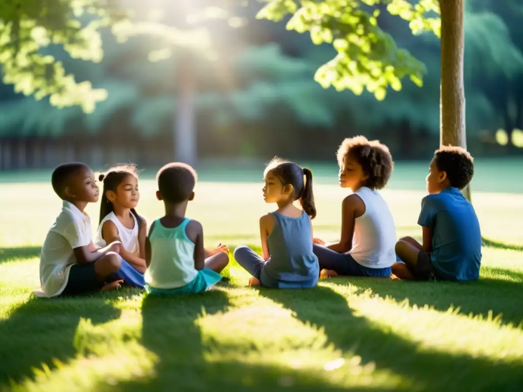 Un grupo de niños practica respiración abdominal en un campo