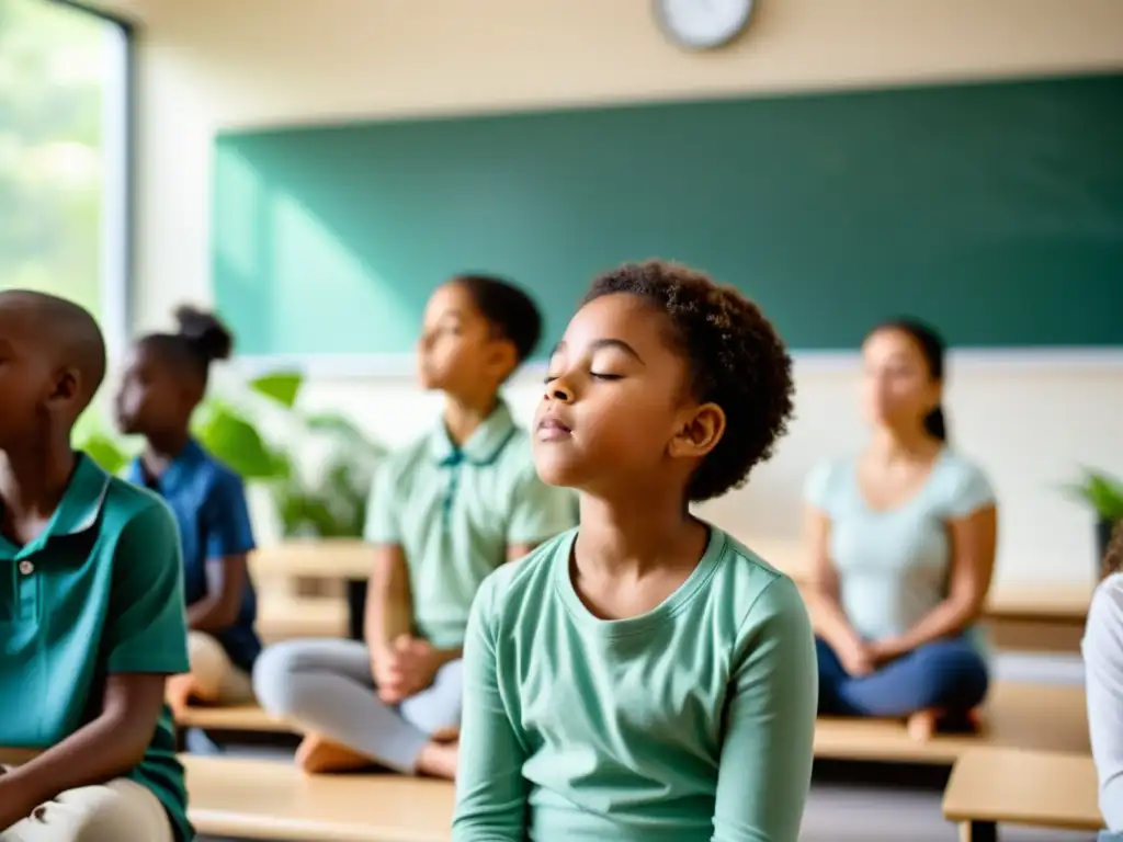 Clase de Mindfulness: Niños y Adultos Practicando Respiración Consciente 'Grupo de niños y adultos practicando ejercicios de respiración en un aula tranquila y moderna