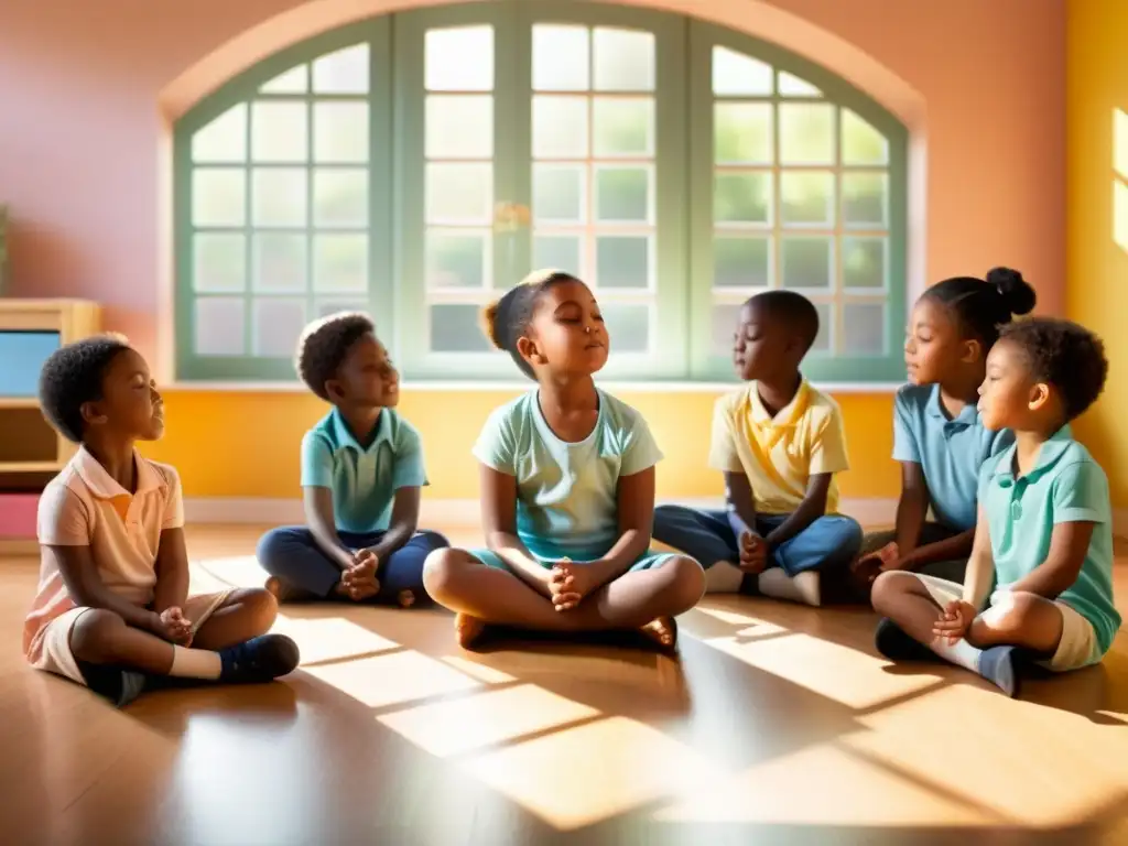 Grupo de niños en círculo haciendo ejercicios de respiración para creatividad en un aula luminosa y tranquila