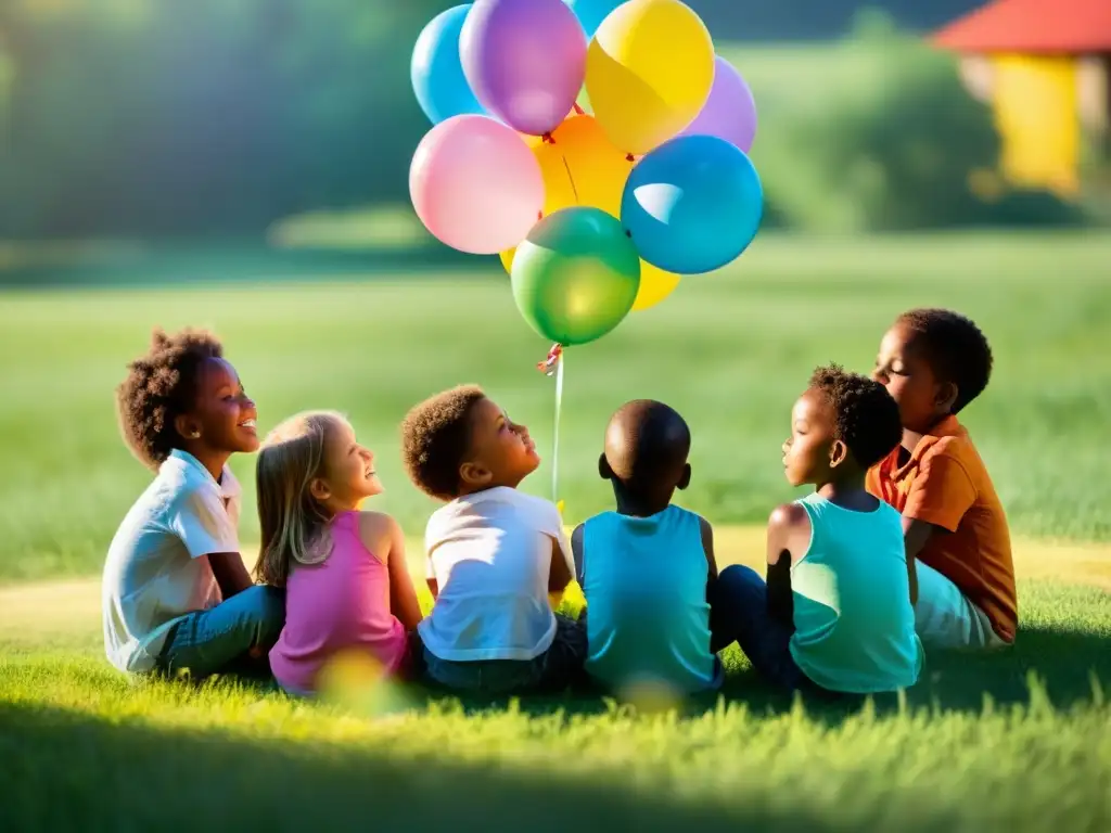 Grupo de niños en círculo con globos, practicando ejercicios de respiración para creatividad en un campo soleado