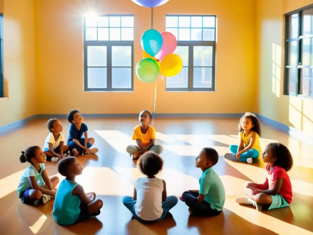 Grupo de niños en círculo con globos, haciendo ejercicios de respiración para creatividad en aula soleada y colorida