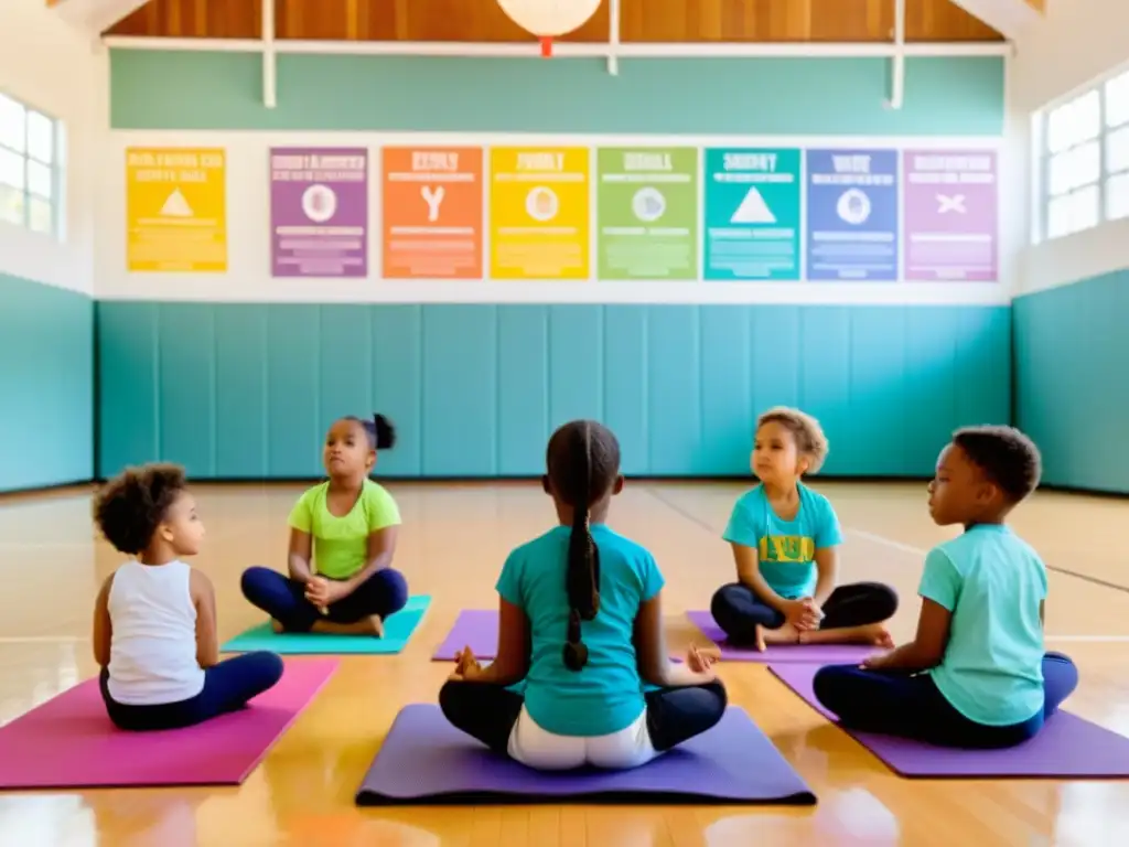 Grupo de niños en clase de educación física practicando ejercicios respiratorios con instructor