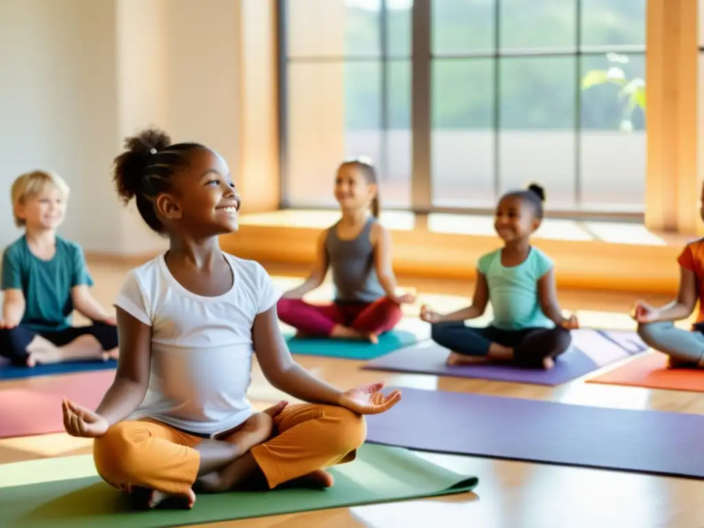 Un grupo de niños participa alegremente en una clase de yoga, guiados por un instructor