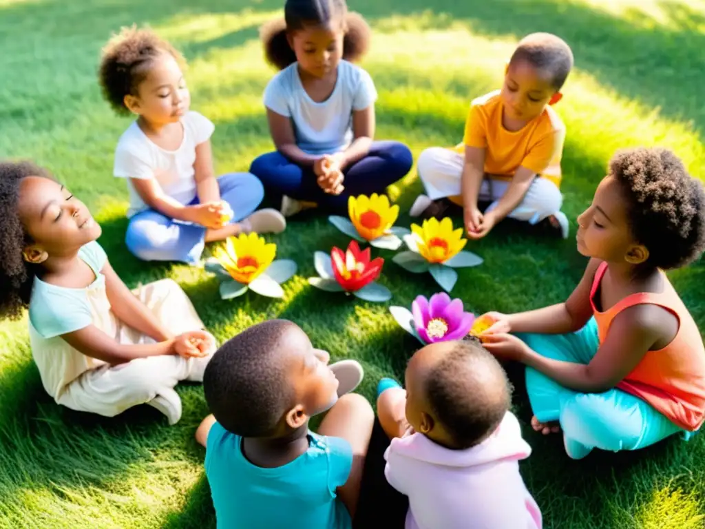 Un grupo de niños practica ejercicios de respiración en un campo de hierba, rodeados de flores y árboles coloridos