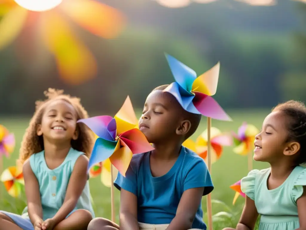 Grupo de niños haciendo ejercicios de respiración para creatividad al atardecer, con pinwheels girando en el cielo colorido