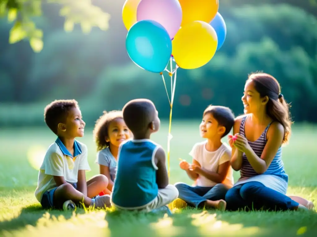 Un grupo de niños practica ejercicios de respiración para creatividad, sentados en círculo en un prado con globos coloridos