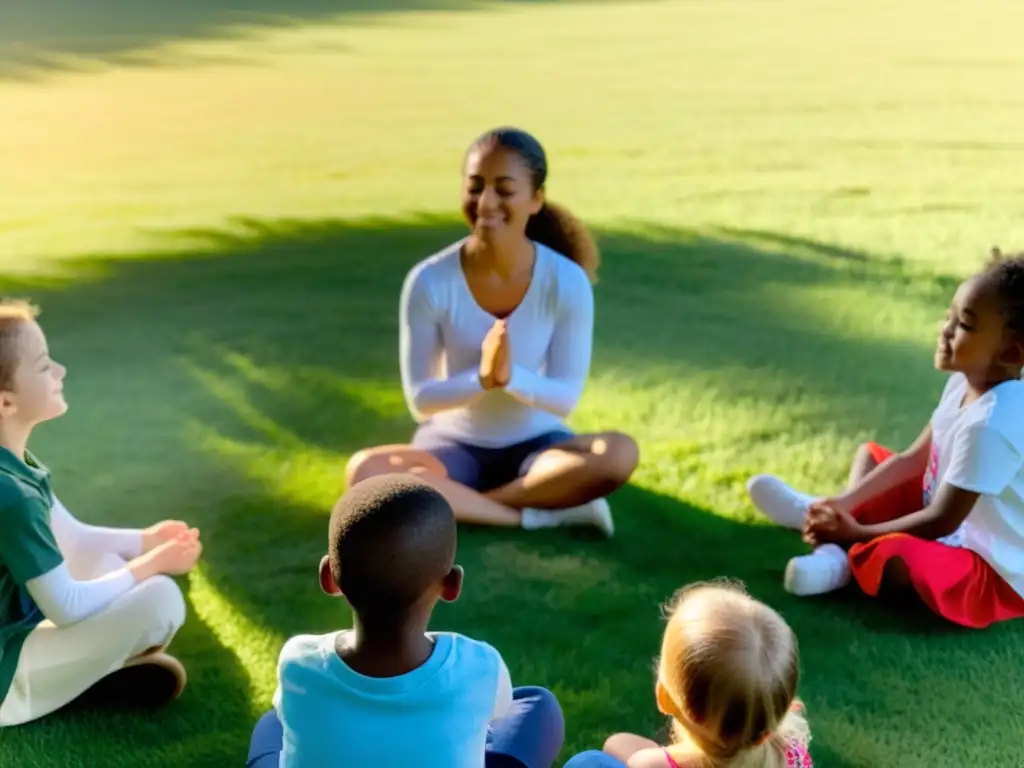 Grupo de niños practicando ejercicios de respiración con instructora en campo soleado al atardecer