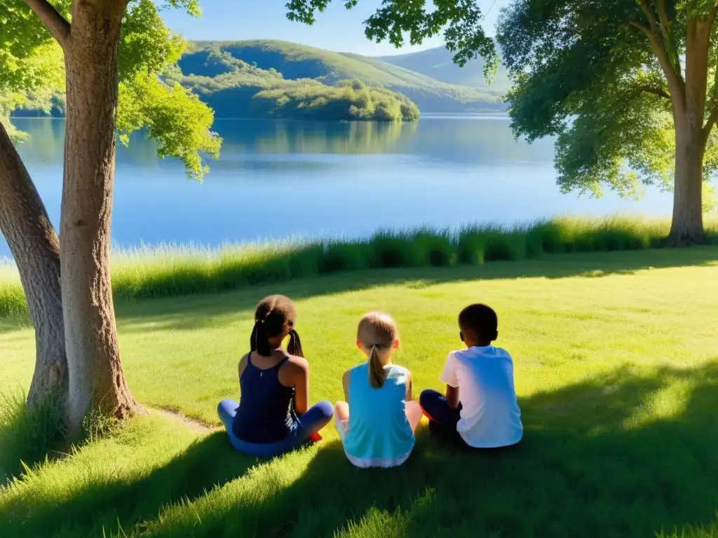 Un grupo de niños practica ejercicios de respiración en un campo soleado junto a un lago sereno