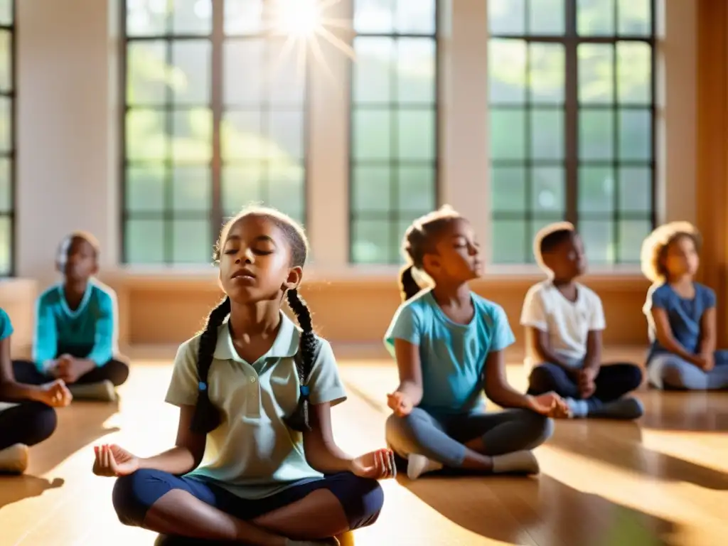 Grupo de niños practicando ejercicios de respiración adecuada para mejorar concentración, guiados por su maestra en un aula tranquila y luminosa