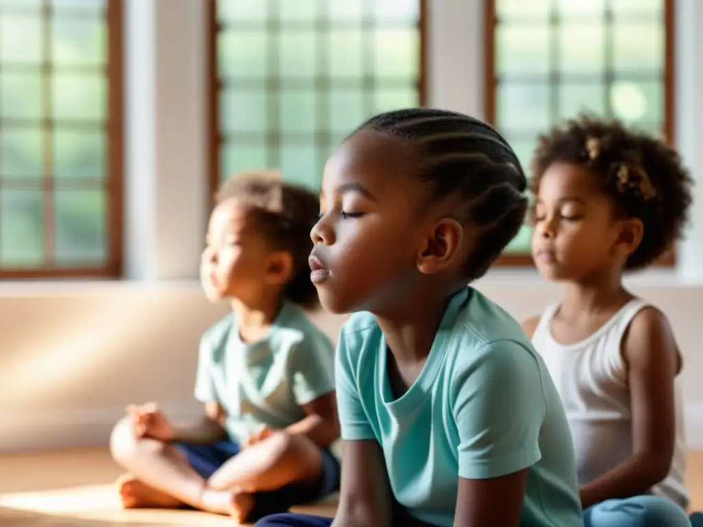 Grupo de niños diversos haciendo ejercicios de respiración consciente con serenidad en un ambiente tranquilo y relajante