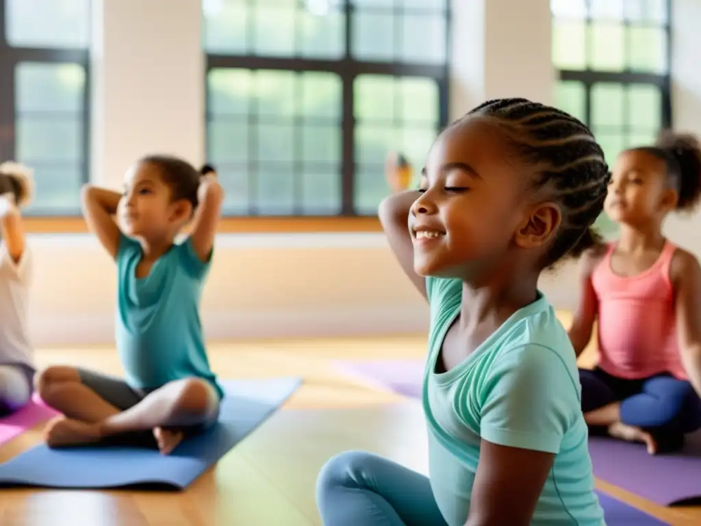 Grupo de niños practicando ejercicios respiratorios en un gimnasio soleado, rodeados de colchonetas de yoga, guiados por una instructora sonriente