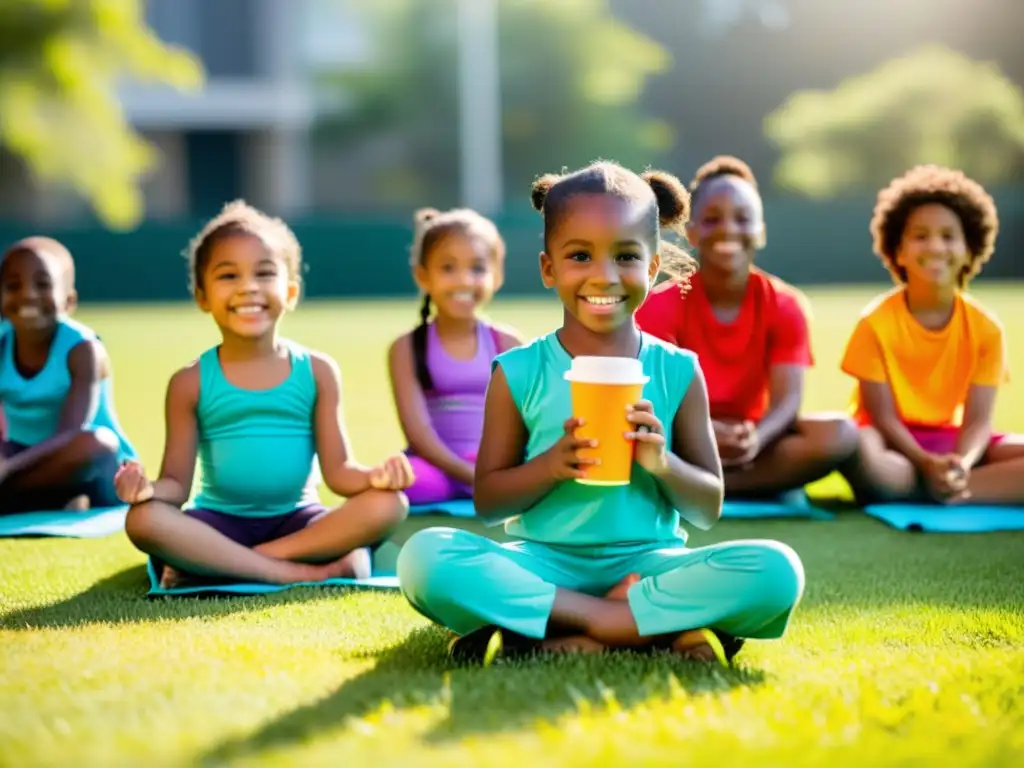 Grupo de niños practicando ejercicios respiratorios en educación física infantil en un campo soleado, transmitiendo tranquilidad y concentración