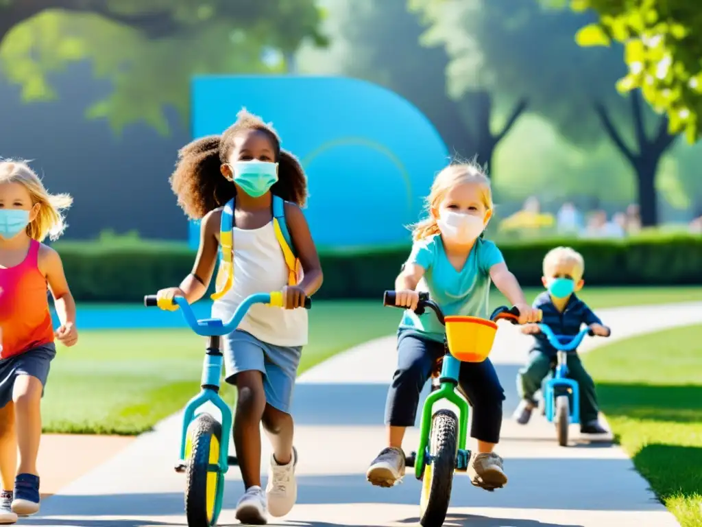 Grupo de niños felices usando máscaras de protección respiratoria mientras juegan al aire libre en un parque soleado con árboles verdes y cielo azul