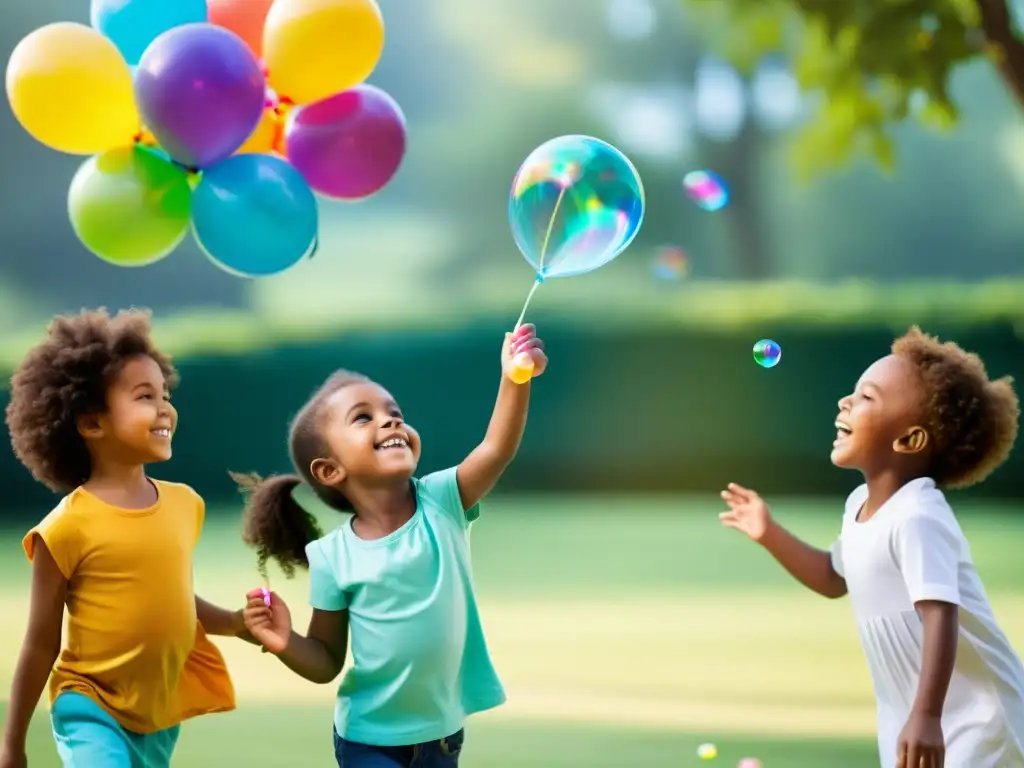 Grupo de niños disfrutando juegos para promover una respiración saludable al aire libre, supervisados por un terapeuta respiratorio amigable