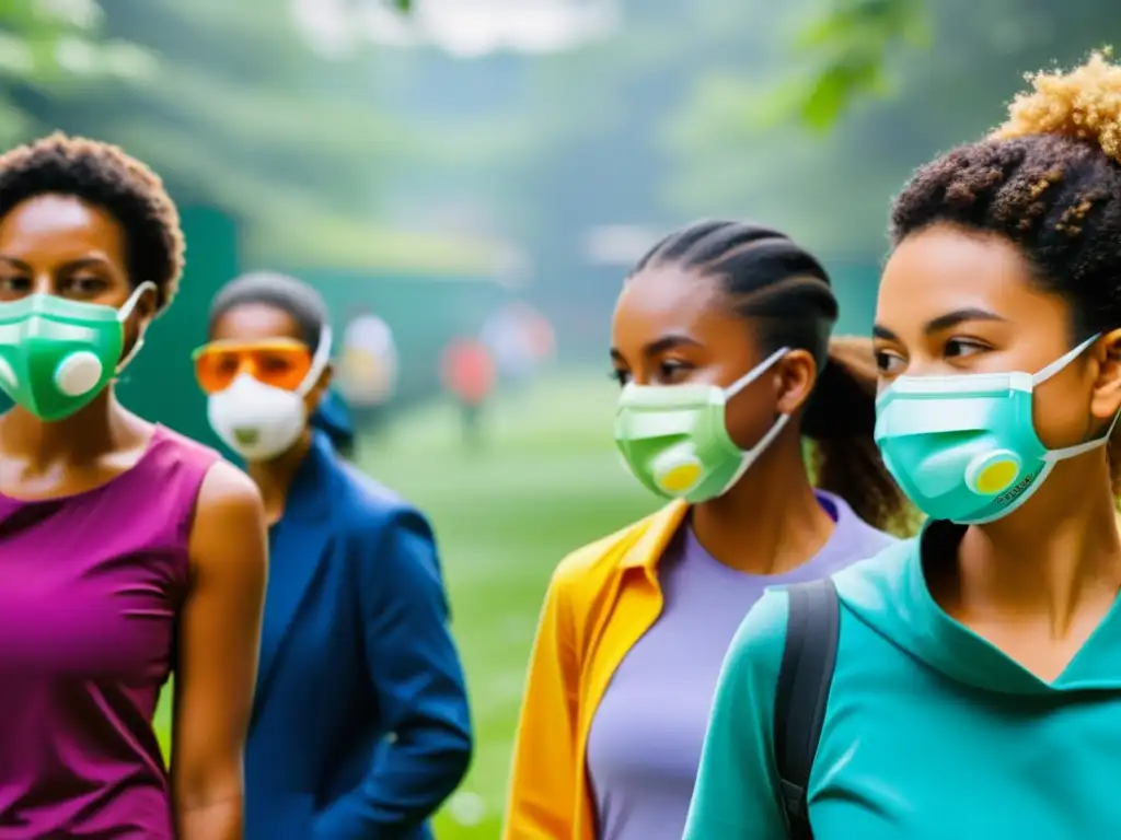 Grupo de niños con máscaras de protección respiratoria, jugando al aire libre en un ambiente seguro y limpio, transmitiendo una sensación de seguridad y normalidad