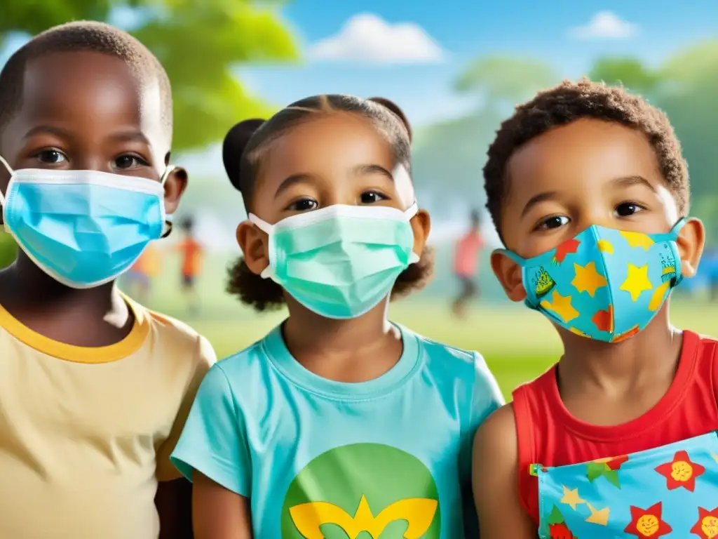 Grupo de niños con máscaras de protección respiratoria coloridas, disfrutando al aire libre en un parque soleado con árboles verdes y cielo azul