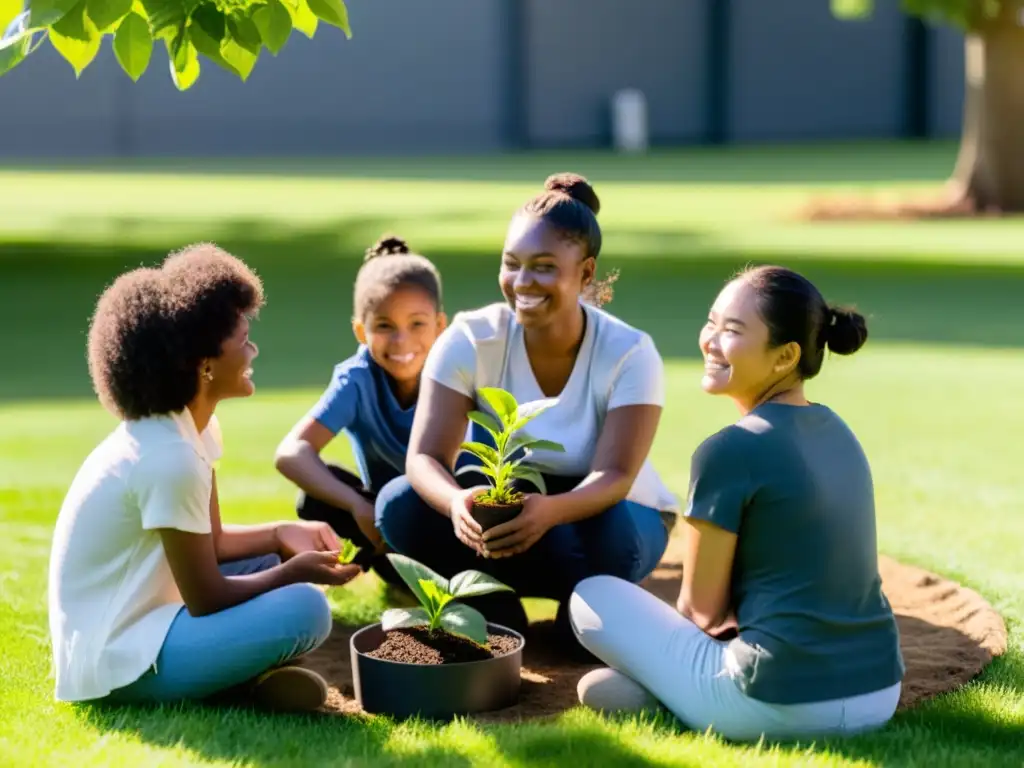 Sembrando conciencia: aprendiendo sobre plantas y aire puro Un grupo de niños diversos sostiene plantas en un círculo en un campo