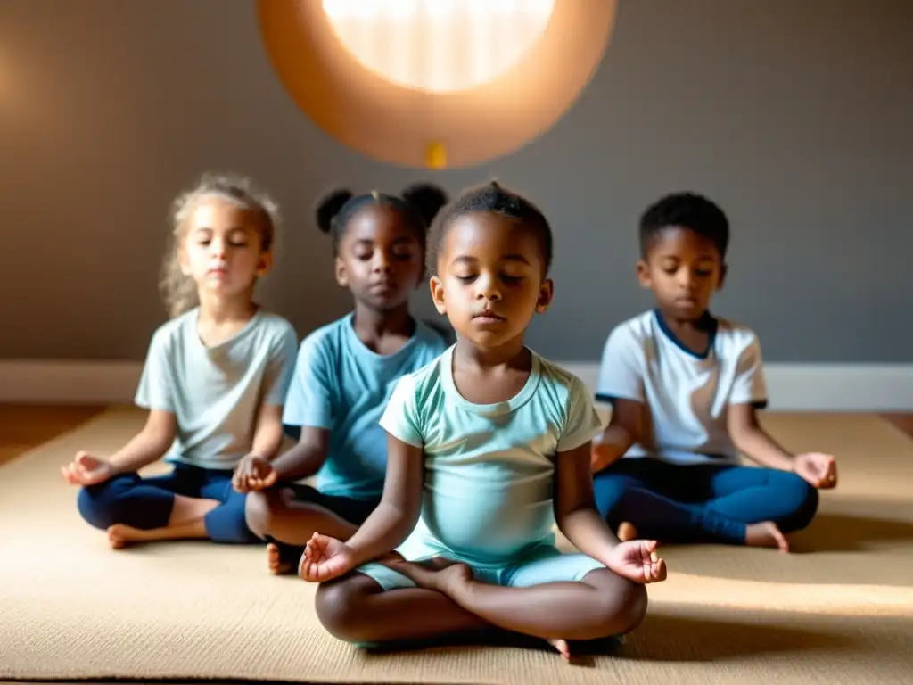 Un grupo de niños practicando pranayama en círculo, irradiando calma y concentración