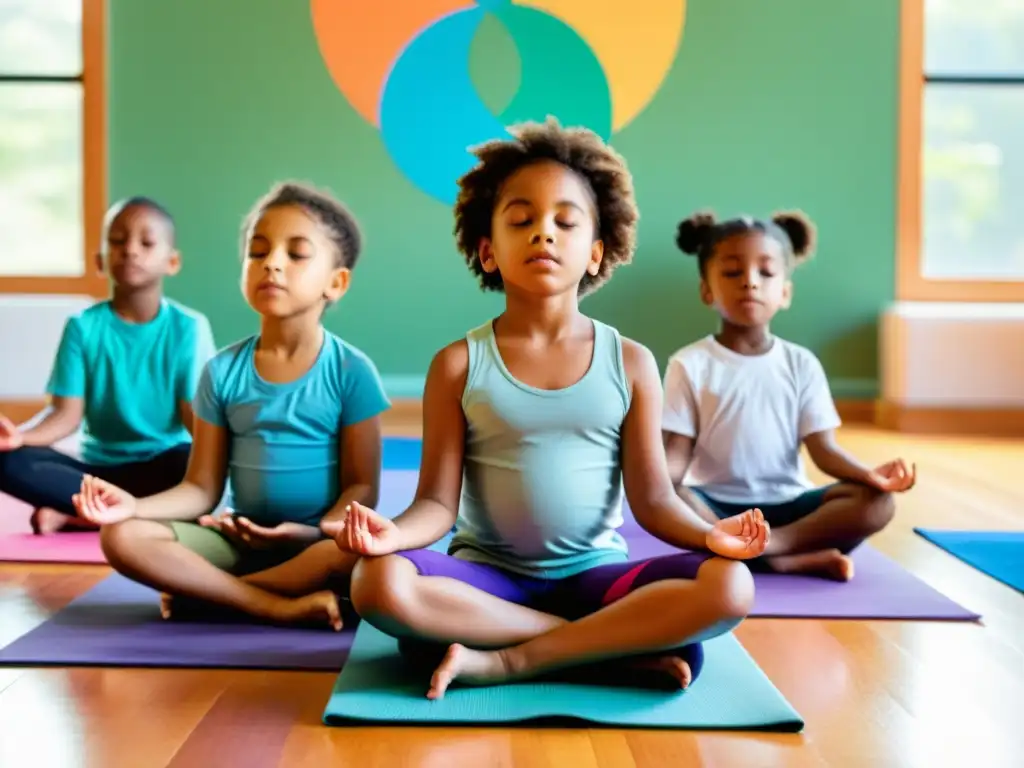 Un grupo de niños practicando pranayama en coloridas esterillas de yoga, en un ambiente tranquilo y educativo