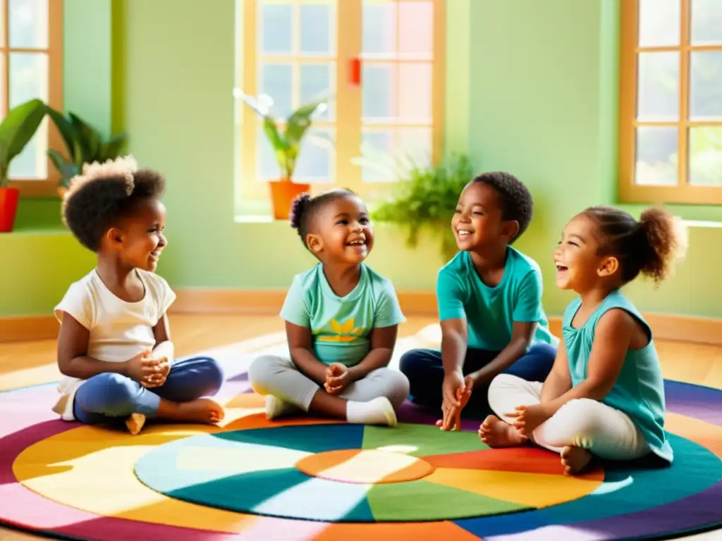 Grupo de niños preescolares participando en ejercicio de respiración guiada con plantas