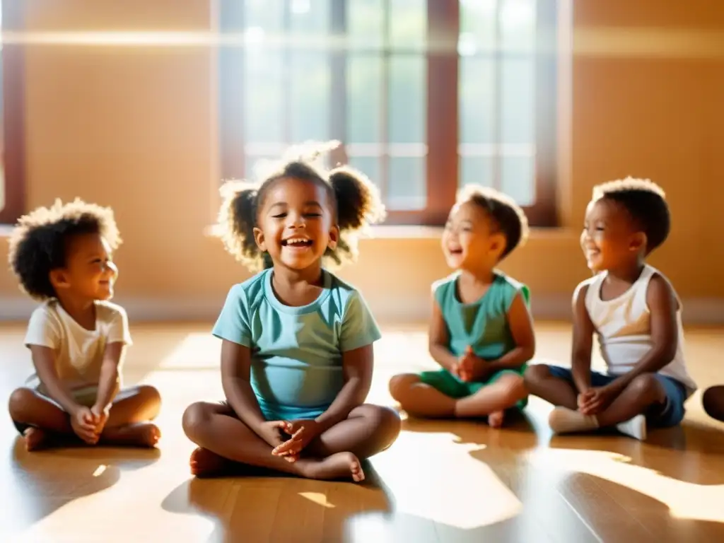 Grupo de niños preescolares participando en ejercicio de respiración guiado por instructor