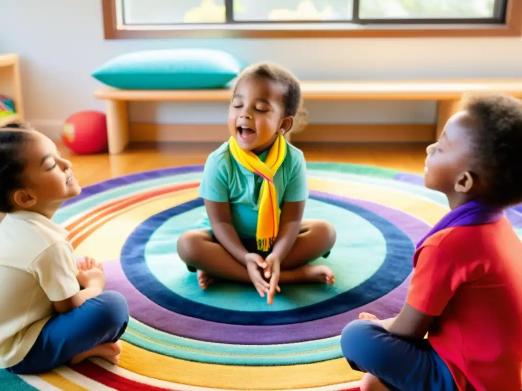 Grupo de niños preescolares practicando ejercicios de respiración con pañuelos de colores